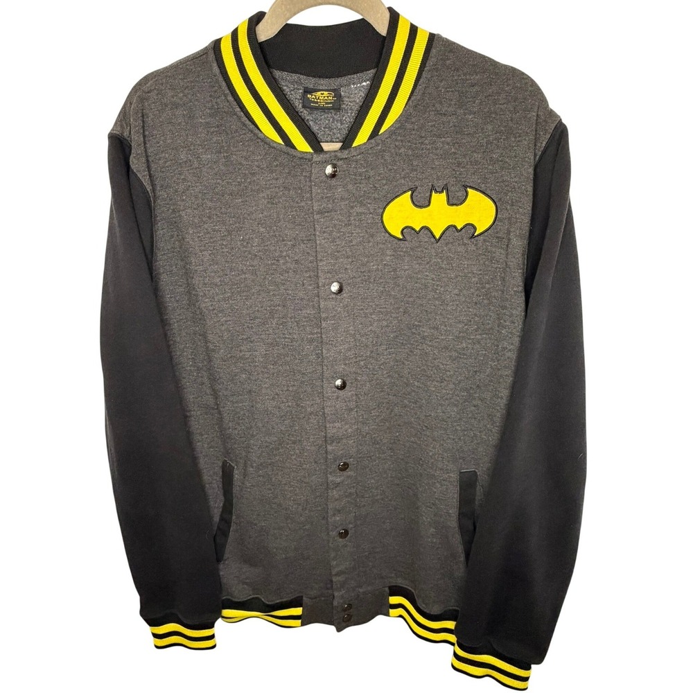 Batman Varsity Jacket Mens XL Grey Black Yellow Fleece Bomber Snap Front DC